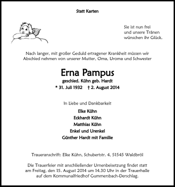 Anzeige von Erna Pampus von  Anzeigen Echo  Lokalanzeiger 