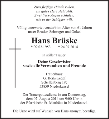 Anzeige von Hans Brüske von  Extra Blatt 