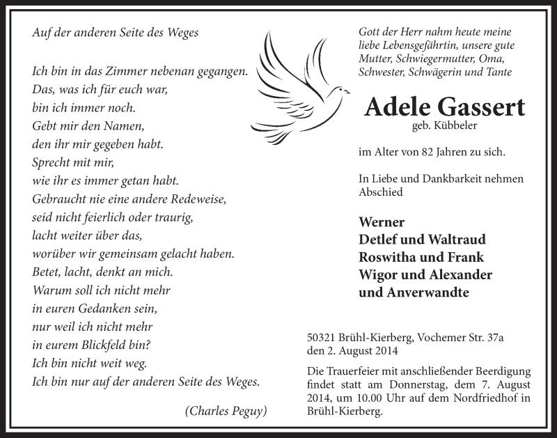  Traueranzeige für Adele Gassert vom 06.08.2014 aus  Schlossbote/Werbekurier 