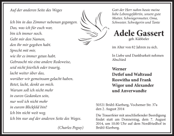 Anzeige von Adele Gassert von  Schlossbote/Werbekurier 