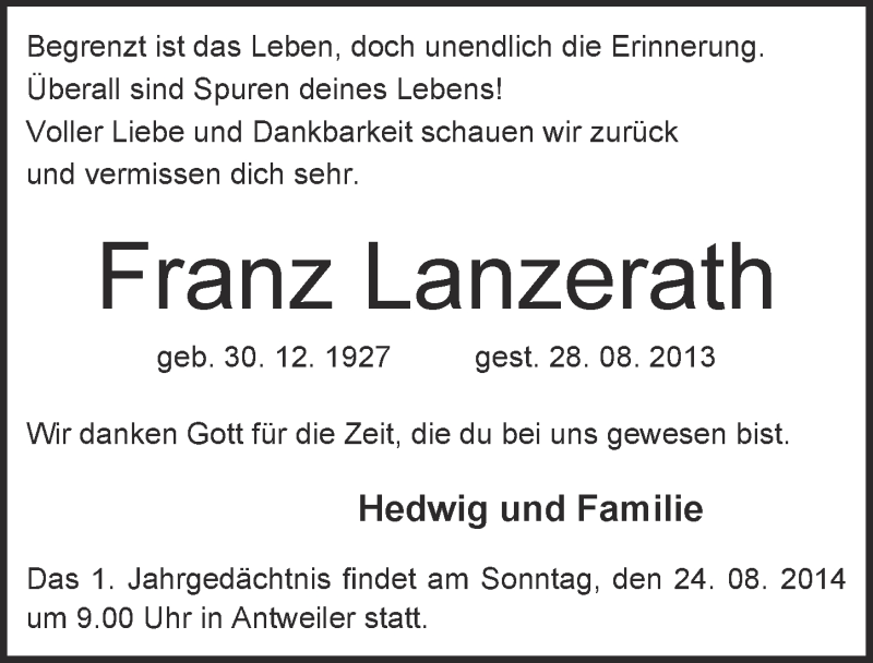  Traueranzeige für Franz Lanzerath vom 17.08.2014 aus  Blickpunkt Euskirchen 