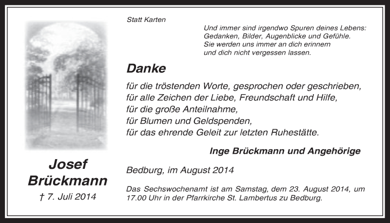  Traueranzeige für Josef Brückmann vom 13.08.2014 aus  Werbepost 