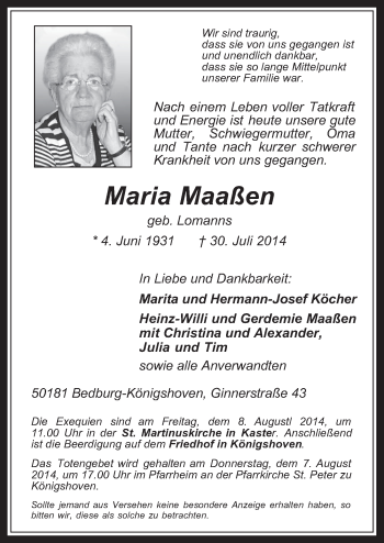 Anzeige von Maria Maaßen von  Werbepost 