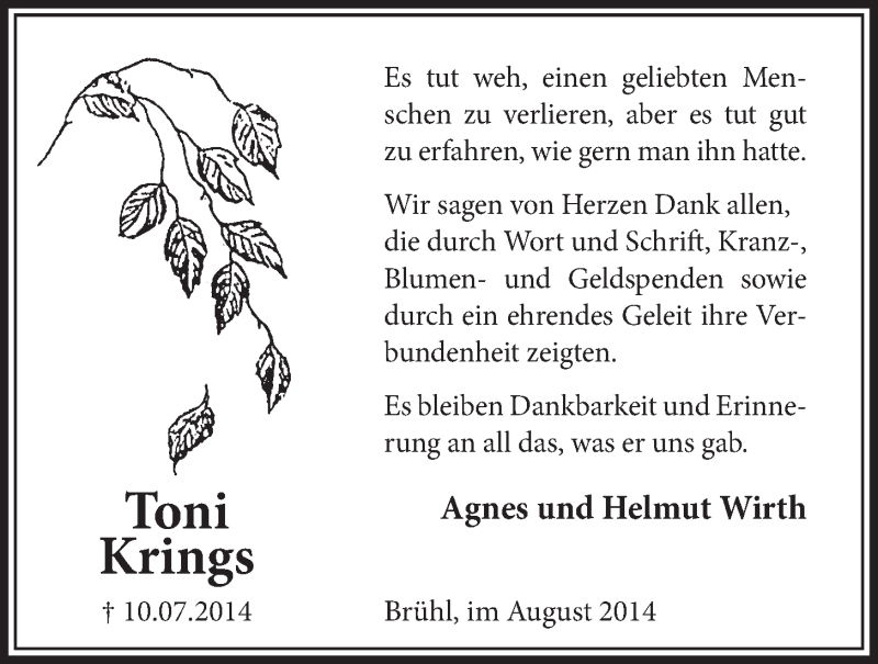  Traueranzeige für Toni Krings vom 06.08.2014 aus  Schlossbote/Werbekurier 