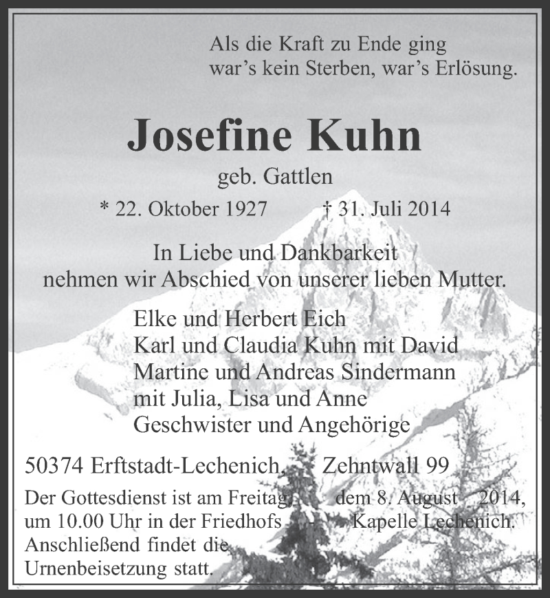  Traueranzeige für Josefine Kuhn vom 06.08.2014 aus  Werbepost 