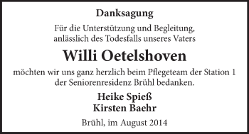 Anzeige von Willi Oetelshoven von  Schlossbote/Werbekurier 