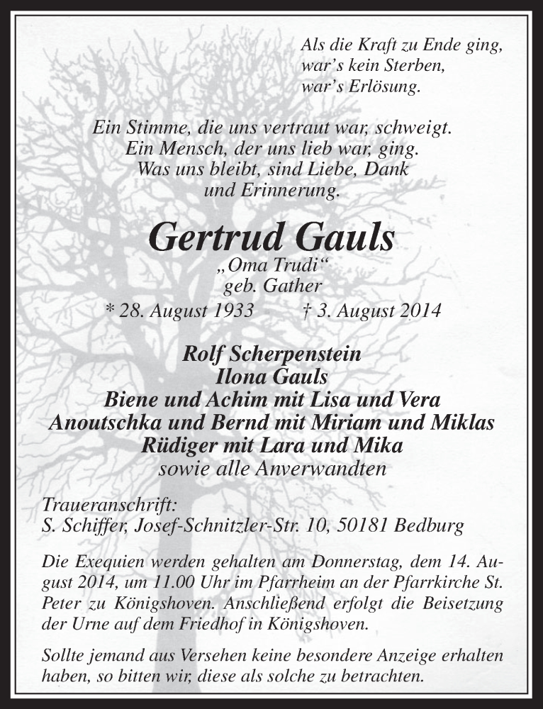  Traueranzeige für Gertrud Gauls vom 06.08.2014 aus  Werbepost 
