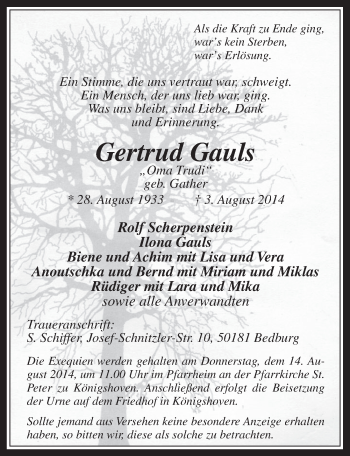 Anzeige von Gertrud Gauls von  Werbepost 