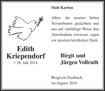 Anzeige von Edith Kriependorf von  Bergisches Handelsblatt 