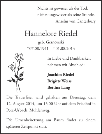 Anzeige von Hannelore Riedel von  Kölner Wochenspiegel 