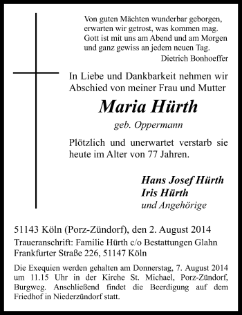 Anzeige von Maria Hürth von  Kölner Wochenspiegel 