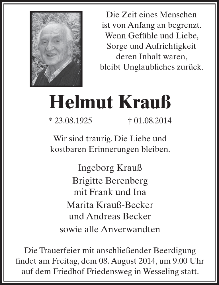  Traueranzeige für Helmut Krauß vom 06.08.2014 aus  Schlossbote/Werbekurier 