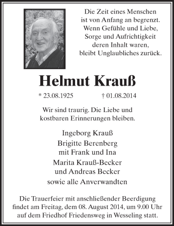 Anzeige von Helmut Krauß von  Schlossbote/Werbekurier 