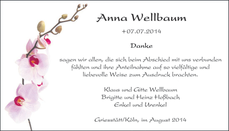  Traueranzeige für Anna Wellbaum vom 06.08.2014 aus  Schlossbote/Werbekurier 