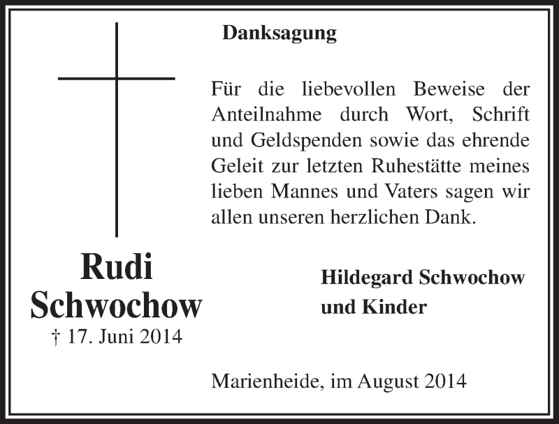  Traueranzeige für Rudi Schwochow vom 06.08.2014 aus  Anzeigen Echo 