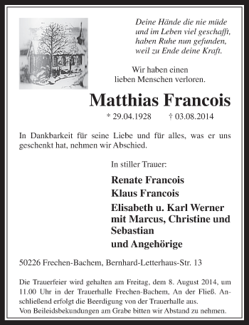 Anzeige von Matthias Francois von  Wochenende 