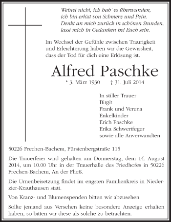 Anzeige von Alfred Paschke von  Sonntags-Post 
