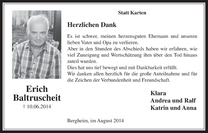  Traueranzeige für Erich Baltruscheit vom 13.08.2014 aus  Werbepost 
