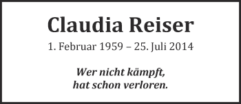 Anzeige von Claudia Reiser von  Kölner Wochenspiegel 