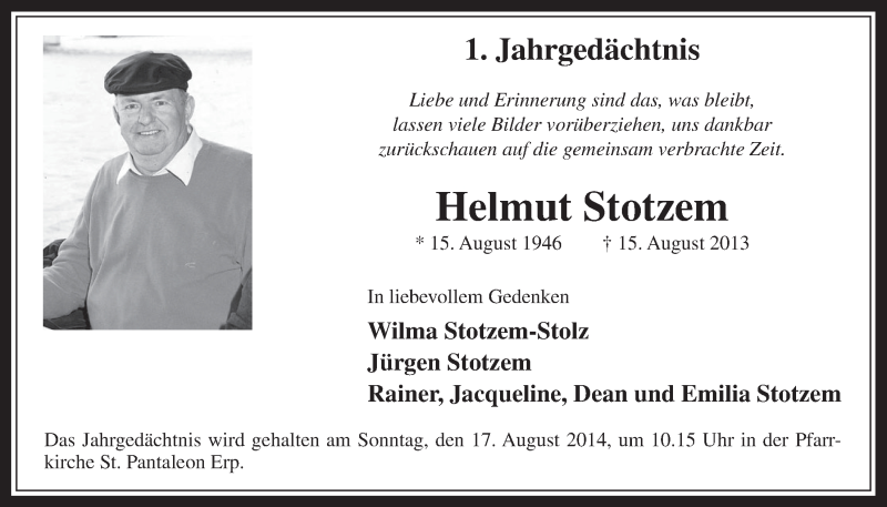  Traueranzeige für Helmut Stotzem vom 13.08.2014 aus  Werbepost 