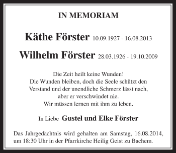 Anzeige von Käthe und Wilhelm Förster von  Wochenende 
