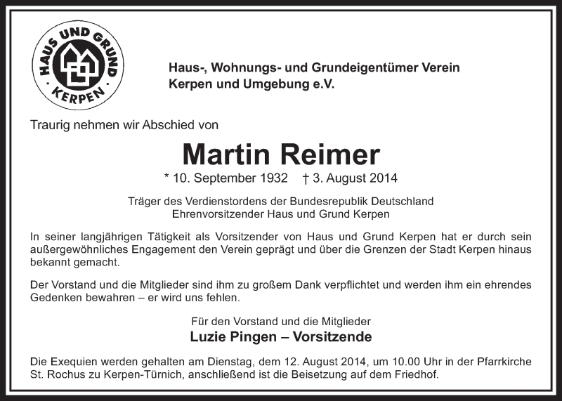  Traueranzeige für Martin Reimer vom 09.08.2014 aus  Sonntags-Post 