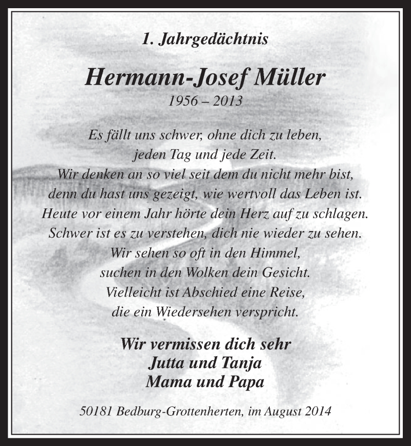  Traueranzeige für Hermann-Josef Müller vom 13.08.2014 aus  Werbepost 