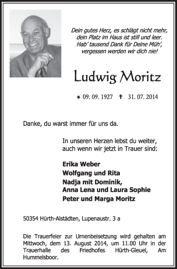 Anzeige von Ludwig Moritz von  Sonntags-Post 