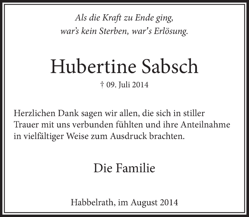  Traueranzeige für Hubertine Sabsch vom 09.08.2014 aus  Sonntags-Post 