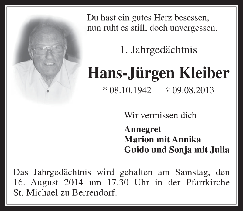  Traueranzeige für Hans-Jürgen Kleiber vom 13.08.2014 aus  Werbepost 