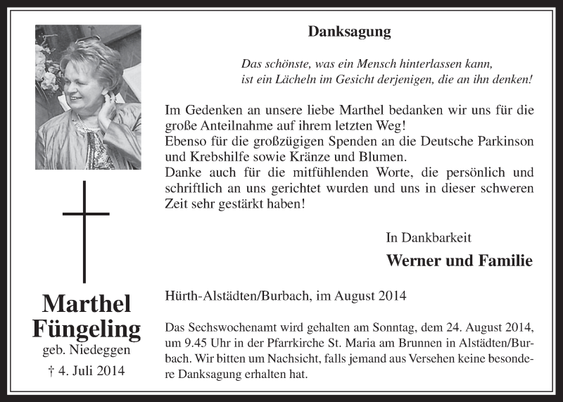  Traueranzeige für Marthel Füngeling vom 13.08.2014 aus  Wochenende 