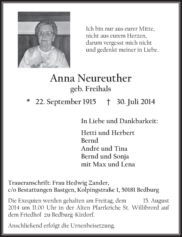  Traueranzeige für Anna Neureuther vom 13.08.2014 aus  Werbepost 