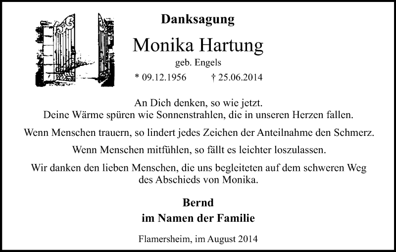  Traueranzeige für Monika Hartung vom 10.08.2014 aus  Blickpunkt Euskirchen 