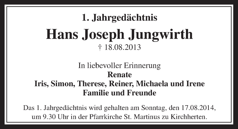  Traueranzeige für Hans Joseph Jungwirth vom 09.08.2014 aus  Sonntags-Post 