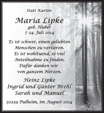 Anzeige von Maria Lipke von  Sonntags-Post 
