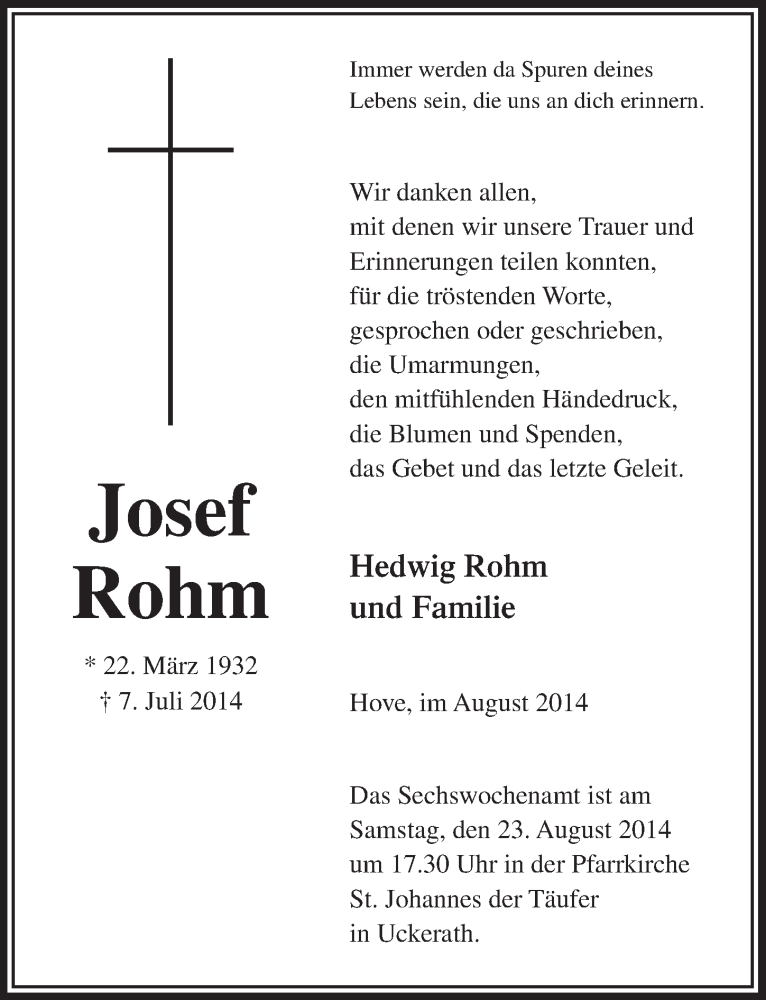  Traueranzeige für Josef Rohm vom 13.08.2014 aus  Extra Blatt 
