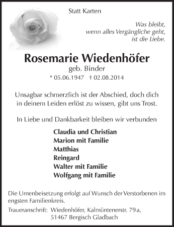 Anzeige von Rosemarie Wiedenhöfer von  Bergisches Sonntagsblatt 