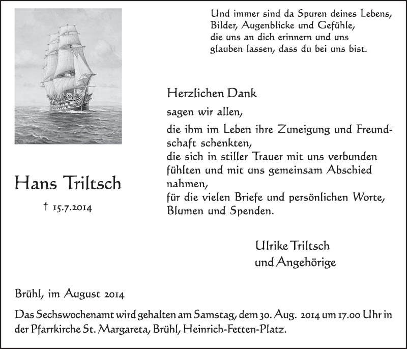  Traueranzeige für Hans Triltsch vom 20.08.2014 aus  Schlossbote/Werbekurier 
