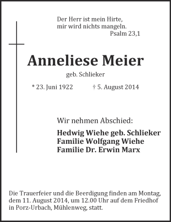 Anzeige von Anneliese Meier 