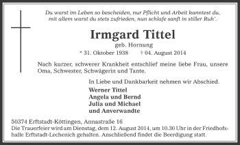 Anzeige von Irmgard Tittel von  Sonntags-Post 
