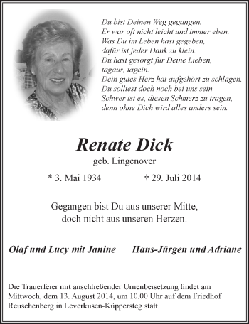 Anzeige von Renate Dick von  Leverkusener Wochenende 