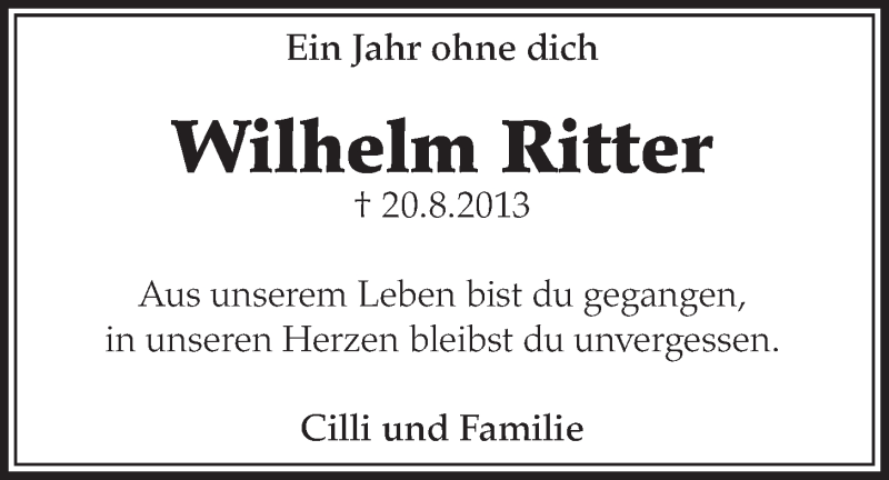  Traueranzeige für Wilhelm Ritter vom 13.08.2014 aus  Schlossbote/Werbekurier 