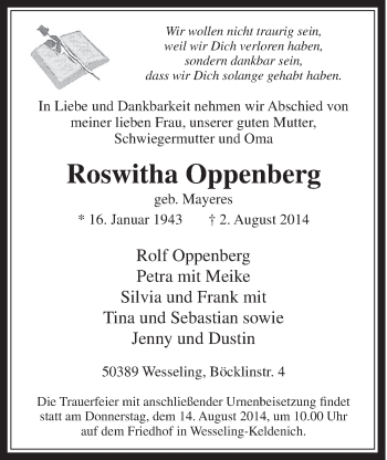 Anzeige von Roswitha Oppenberg von  Schlossbote/Werbekurier 