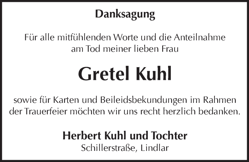  Traueranzeige für Gretel Kuhl vom 13.08.2014 aus  Anzeigen Echo 