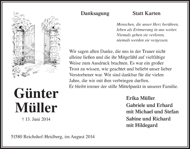  Traueranzeige für Günter Müller vom 13.08.2014 aus  Anzeigen Echo  Lokalanzeiger 