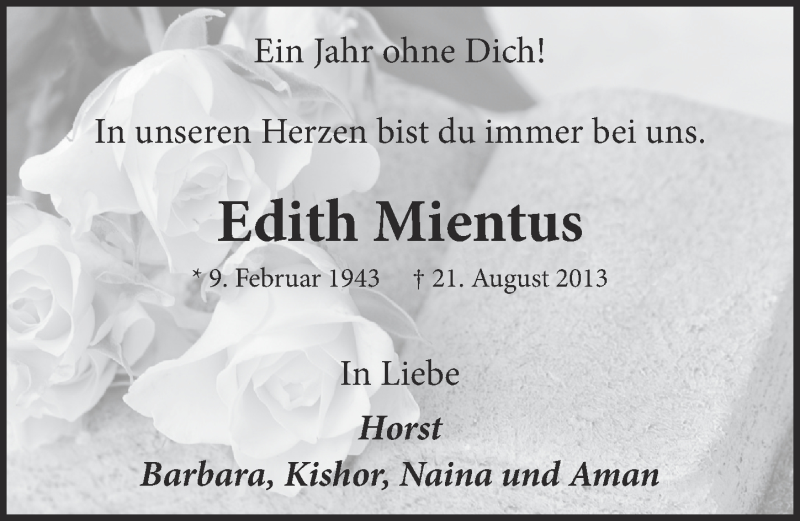  Traueranzeige für Edith Mientus vom 20.08.2014 aus  Bergisches Handelsblatt 