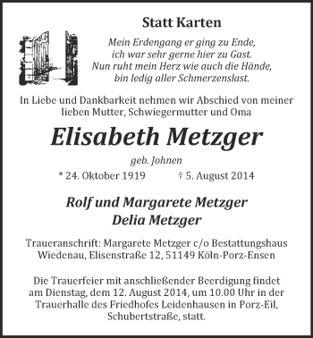 Anzeige von Elisabeth Metzger 