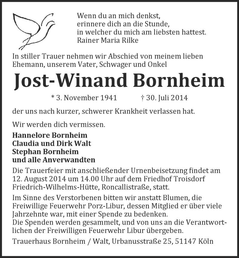  Traueranzeige für Jost-Winand Bornheim vom 09.08.2014 aus 