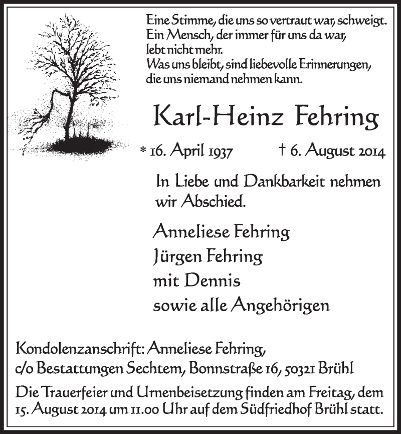  Traueranzeige für Kart-Heinz Fehring vom 13.08.2014 aus  Schlossbote/Werbekurier 
