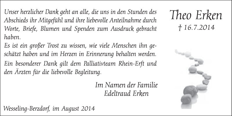  Traueranzeige für Theo Erken vom 13.08.2014 aus  Schlossbote/Werbekurier 